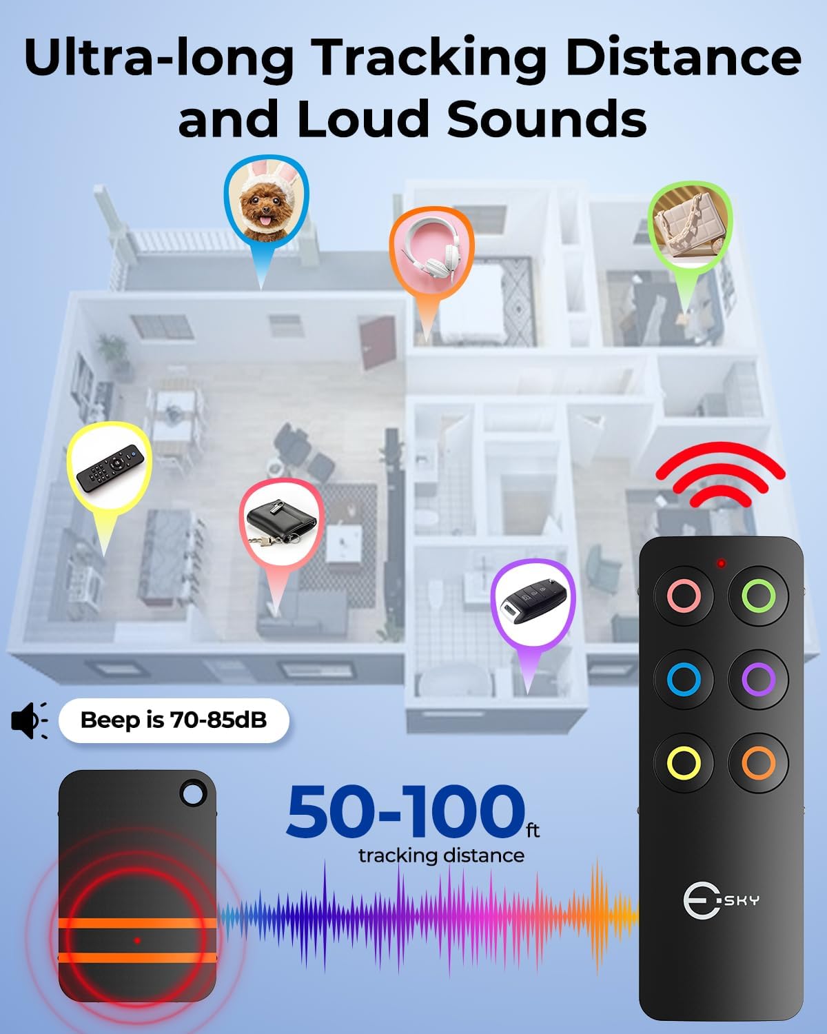 Esky Key Finder Locator with Sound, Stick-on TV Remote Control Finder, Item Locator Tags with 85dB Noise Sound 6 Receivers, Wallet Tracker Key Finders for Finding Keys, Remote Gift Idea