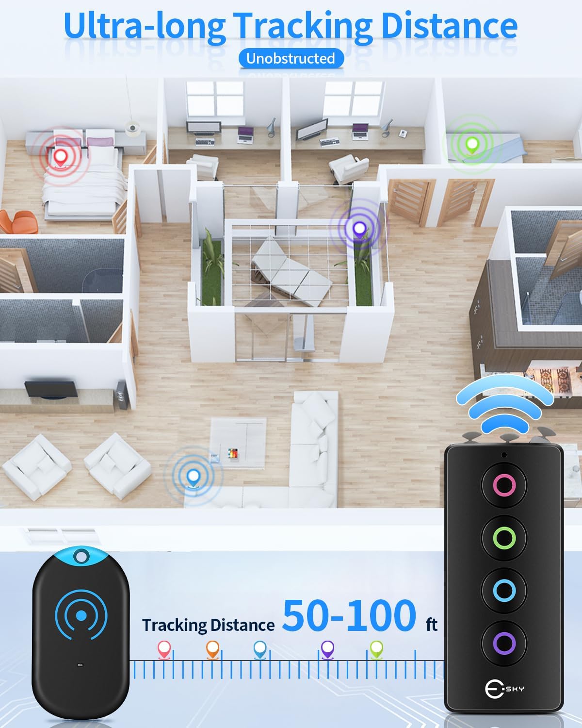 Esky Ultra Slim Key Finder, Remote Finders Locator with 80dB Sound and 4 Receivers, Wallet Tracker and Item Locators Beeper Tags for Finding Key, TV Remote, Wallet, Pets and Phone, Gifts for Men